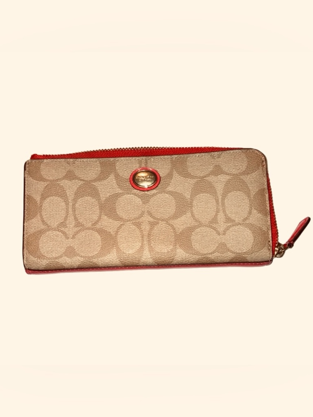 💖Coach Peyton Khaki Signature & Pink Patent Trim Zipper Wallet 💖